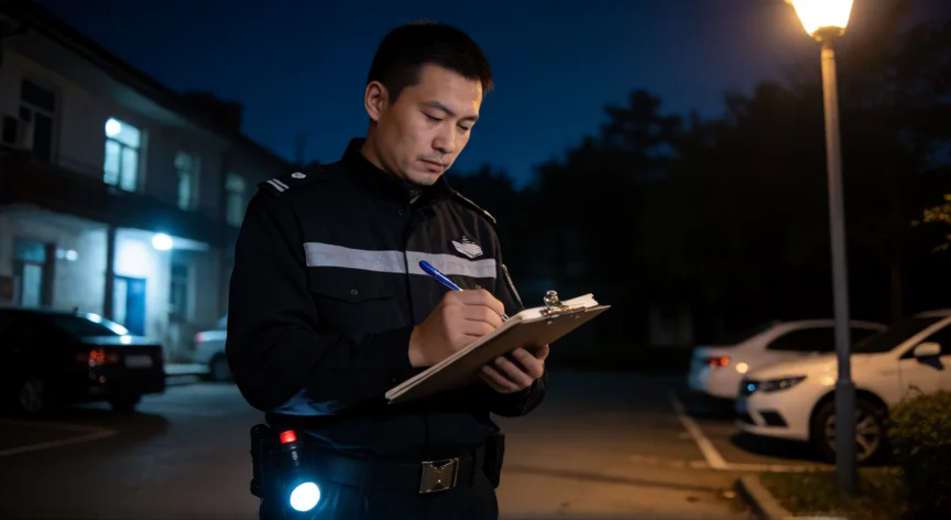 como ser un mejor guardia de seguridad, Guardia de seguridad redactando el parte de guardia durante la noche
