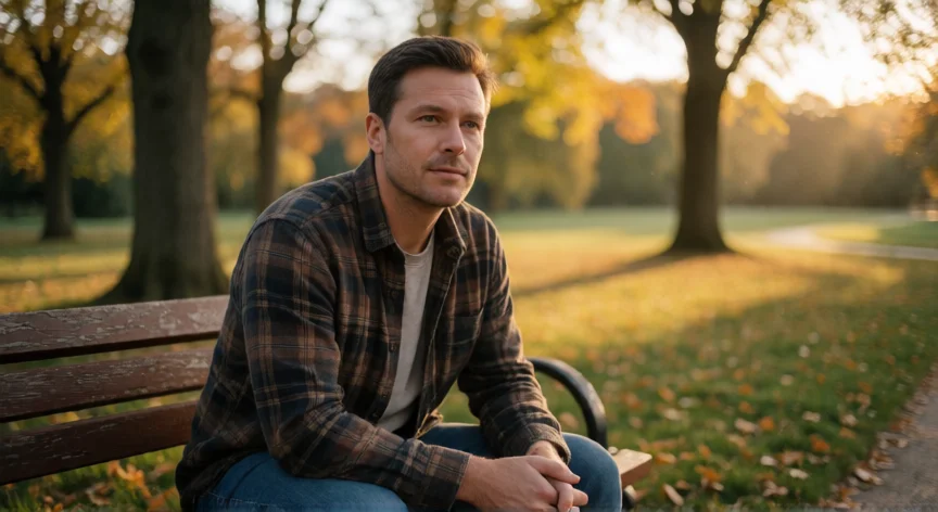 como ser un mejor hombre, Hombre reflexivo en un parque al atardecer, momento de introspección personal