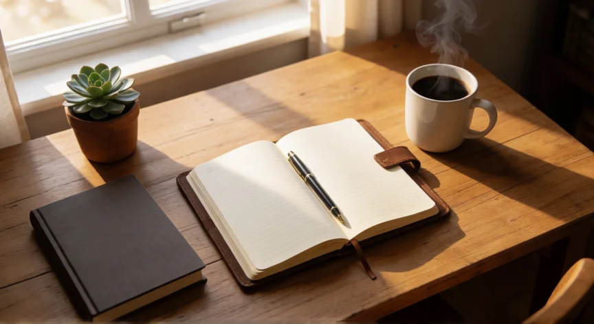 como ser un mejor hombre, Escritorio con diario abierto y café, ritual de reflexión y crecimiento personal