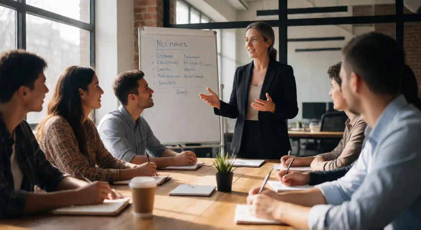 como ser un mejor lider, Líder dirigiendo una reunión con su equipo en una oficina moderna