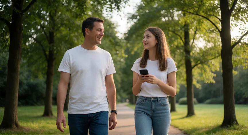 como ser un mejor padre, Padre caminando y conversando con su hija adolescente en un parque al atardecer
