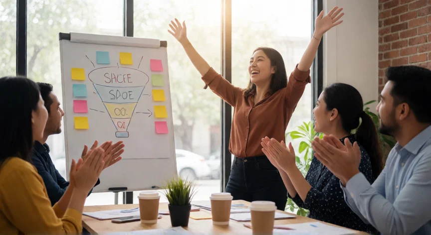 como ser un mejor vendedor, Equipo de ventas celebrando una victoria en oficina abierta con tablero de pipeline visible