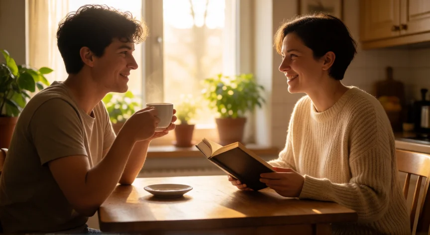 como ser una mejor pareja, Pareja compartiendo un momento de conversación atenta en la cocina con luz natural