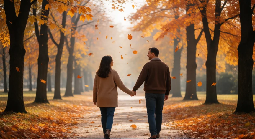 como ser una mejor pareja, Pareja caminando juntos por un parque otoñal tomando la mano