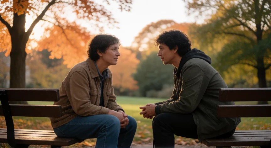 como ser una mejor persona, Dos personas conversando con escucha activa en un banco de parque