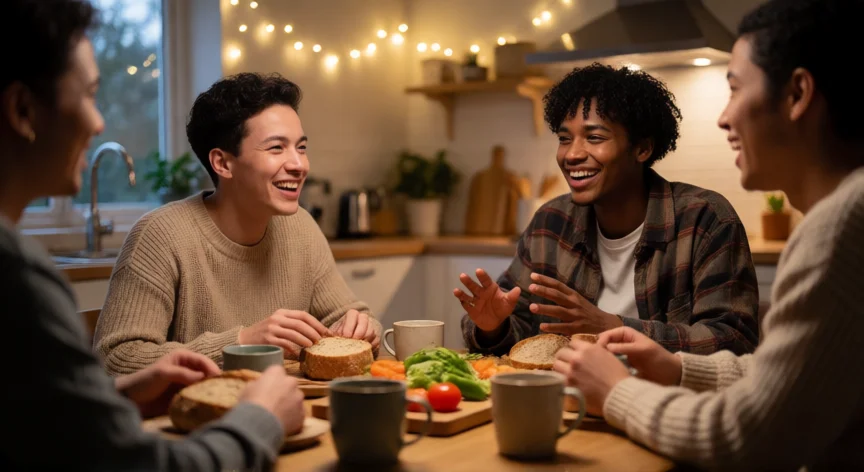 cómo ser una mejor persona y más feliz, Grupo de amigos compartiendo una cena casera y riendo en la cocina