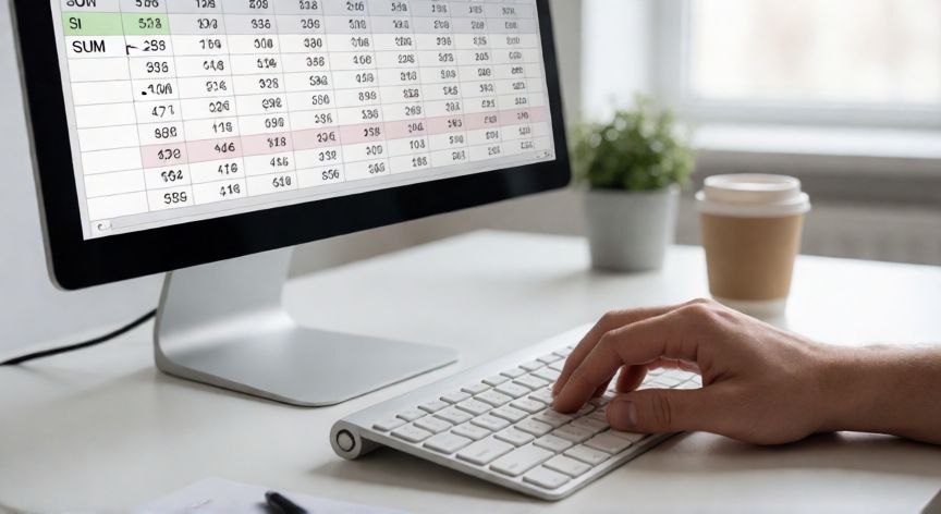 como sumar en en excel, Persona usando Excel en un escritorio con la función SUMA visible en la pantalla
