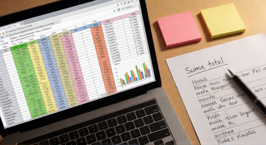 como sumar en en excel, Vista cenital de una laptop con hoja de cálculo mostrando sumas y un presupuesto impreso al lado