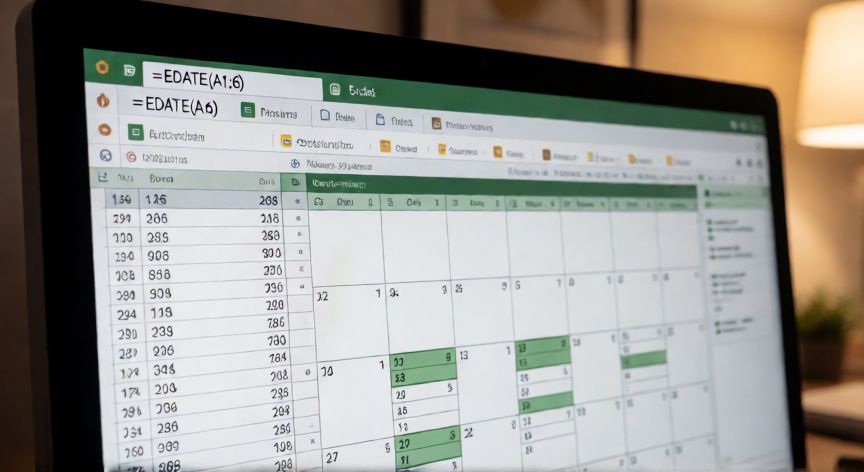 como sumar en excel 6 meses a una fecha, Hojilla de cálculo Excel con la fórmula EDATE para sumar 6 meses a una fecha