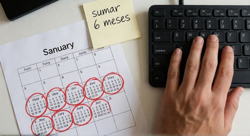 como sumar en excel 6 meses a una fecha, Manos trabajando con calendario y Excel para calcular fechas con 6 meses de diferencia