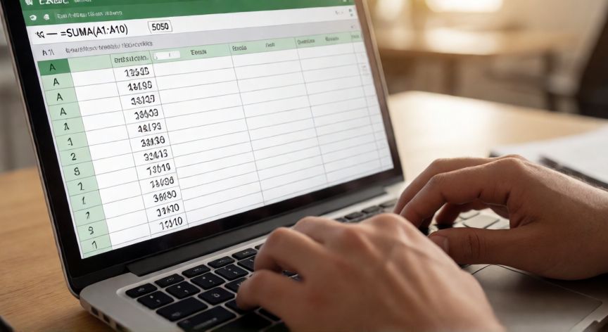 como sumar en excel celdas, Pantalla de Excel mostrando la fórmula =SUMA(A1:A10) sumando una columna de valores numéricos