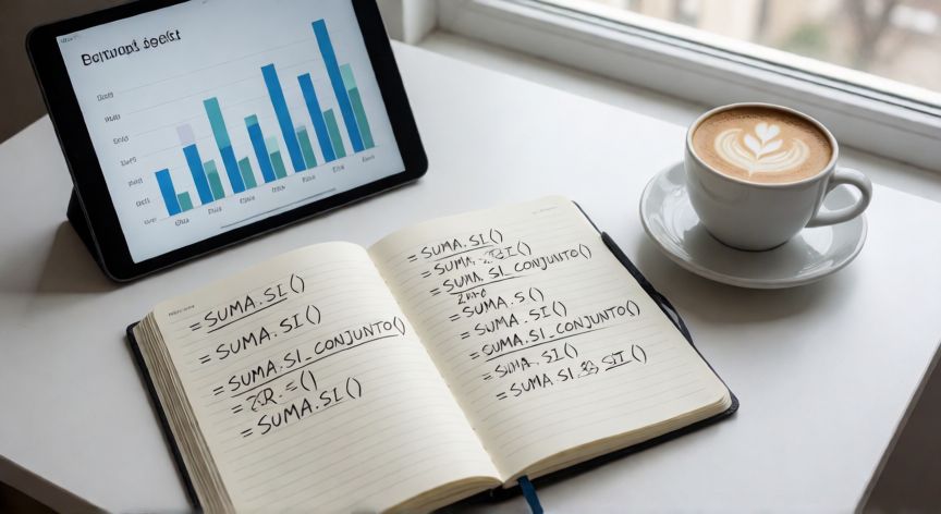 como sumar en excel celdas, Cuaderno con fórmulas de Excel anotadas junto a una tableta con un gráfico de barras en el escritorio