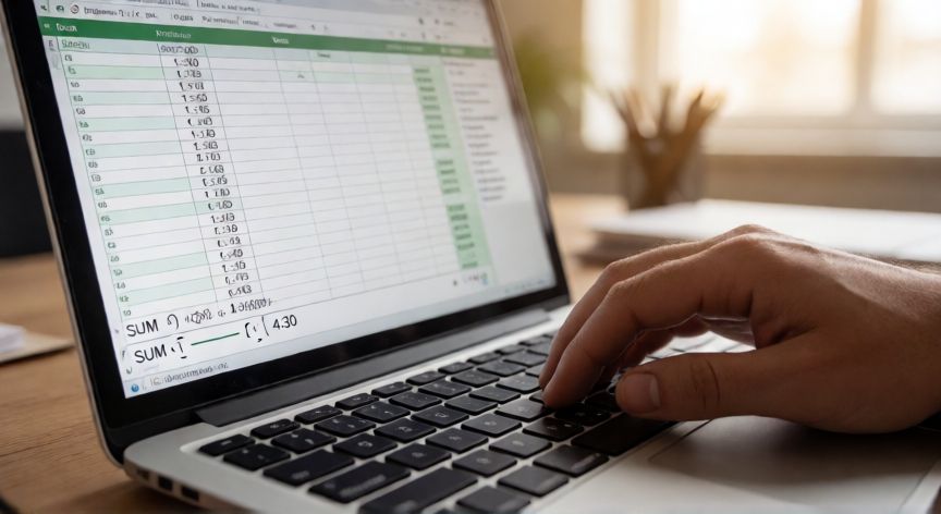 como sumar en excel horas, Pantalla de Excel mostrando la función SUMA sumando celdas con horas en formato hh:mm
