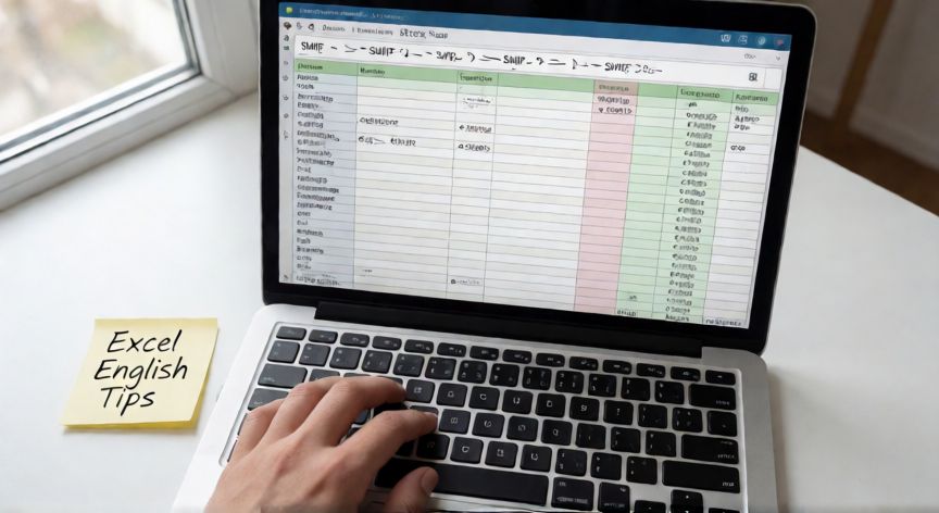 como sumar en excel ingles, Person escribiendo fórmulas SUMIF y SUMIFS en Excel en inglés desde una laptop