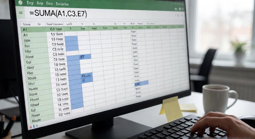 como sumar en excel varias celdas separadas, Pantalla de Excel mostrando la fórmula SUMA con celdas separadas A1, C3 y E7 resaltadas