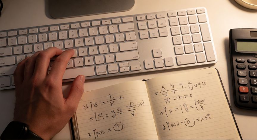 como sumar en excel x, Manos escribiendo fórmulas de suma en un portátil junto a una calculadora