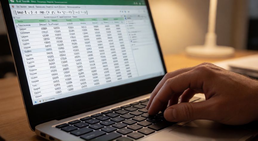 como sumar en excel y dividir, Manos escribiendo fórmulas de suma y división en una hoja de cálculo de Excel en un portátil