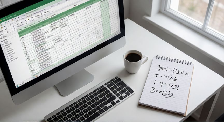 como sumar en excel y dividir, Espacio de trabajo con monitor mostrando Excel y notas manuales de fórmulas de suma y división