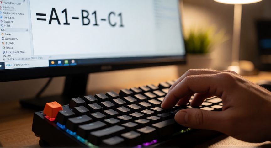 como sumar en excel y restar, Manos escribiendo una fórmula de resta en Excel con el signo menos entre celdas