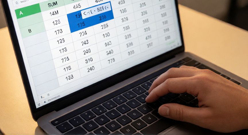 como sumar en excel y sacar promedio, Pantalla de Excel mostrando una tabla con la fórmula de SUMA aplicada a un rango de celdas numéricas