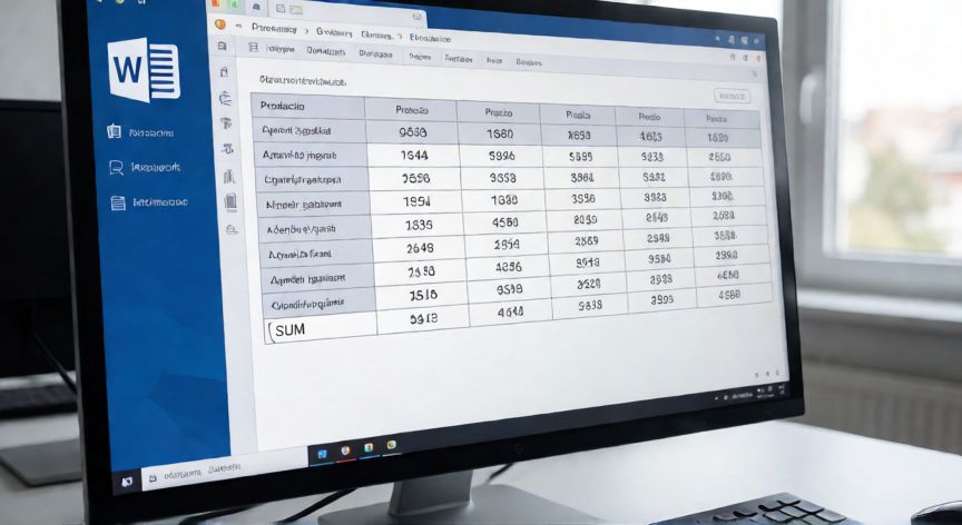como sumar en word, Ventana de Microsoft Word con una tabla y la función SUM aplicada para calcular el total de una columna