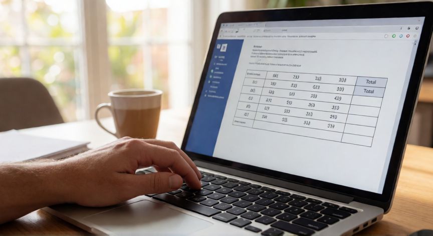 como sumar en word, Persona usando un portátil para realizar sumas en una tabla de Microsoft Word desde su hogar