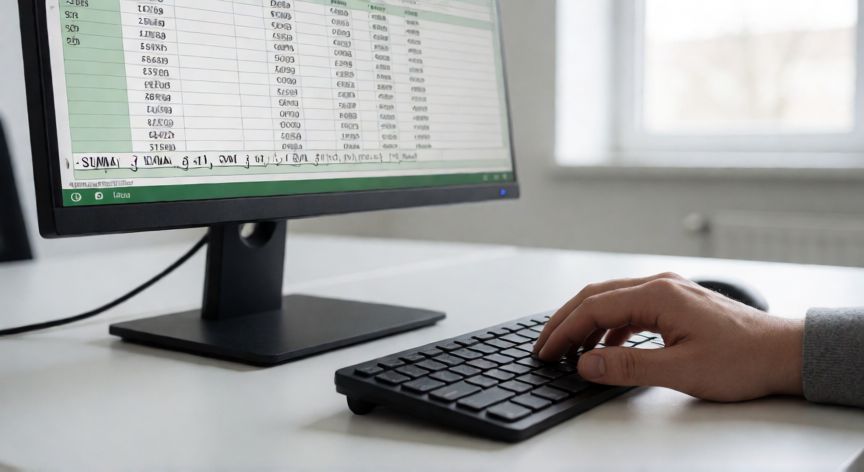 como sumar excel una columna, Persona usando Excel para sumar una columna con la función SUMA