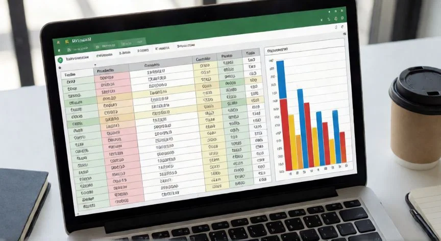 Hoja de Excel con tabla de datos organizada y gráfico de columnas al lado