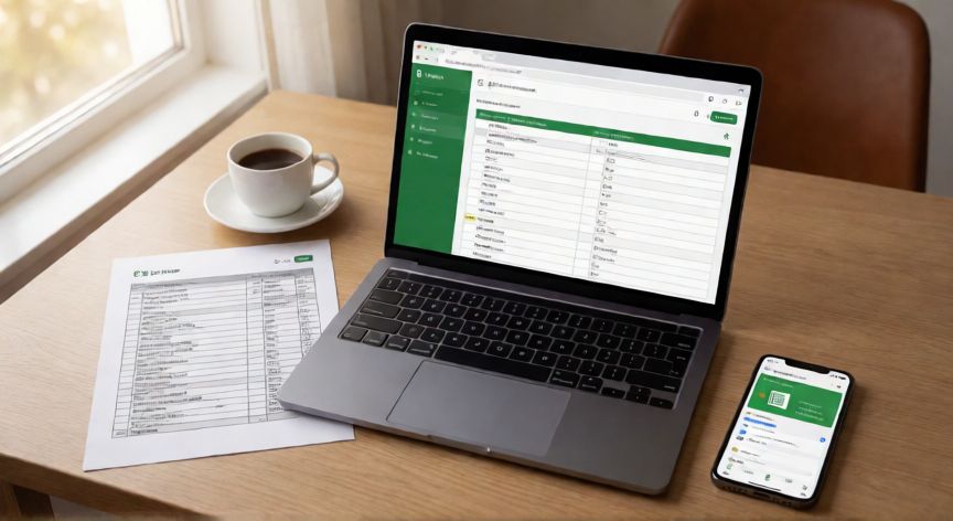 como tener excel gratis, Escritorio con laptop mostrando Excel Online y móvil con Google Sheets