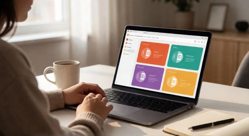 como tener powerpoint gratis, Persona usando PowerPoint en la web desde un portátil en su escritorio