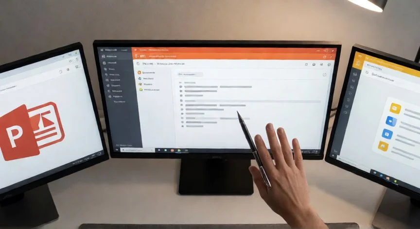 como tener powerpoint gratis, Comparación de PowerPoint, LibreOffice Impress y Google Slides en tres pantallas
