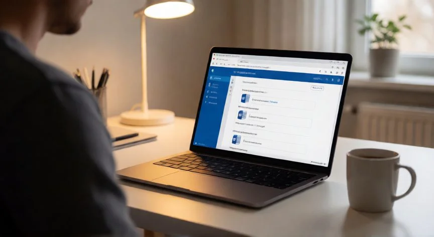 como tener word gratis, Persona usando la versión web de Microsoft Word en un portátil desde casa