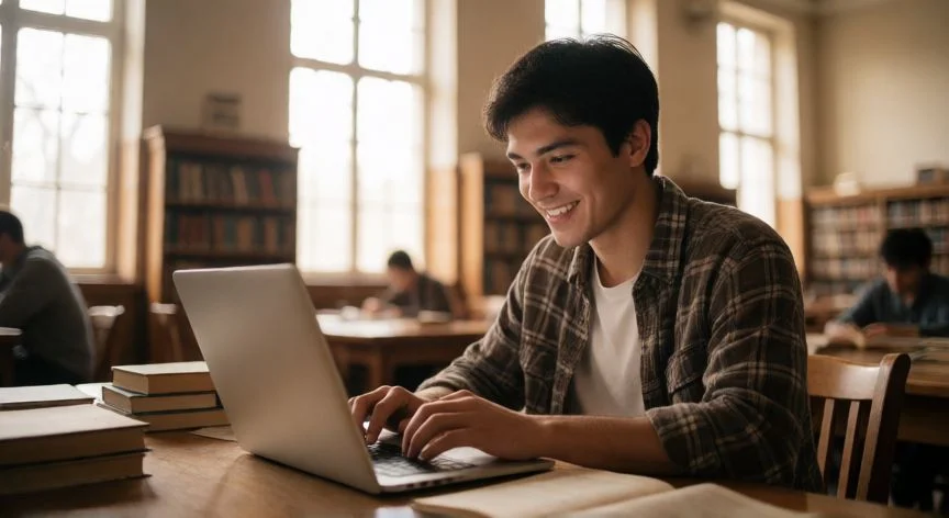 como tener word gratis, Estudiante en biblioteca usando su acceso gratuito a Microsoft 365 con correo institucional
