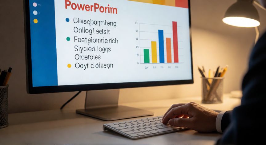 como trabajar en powerpoint, Persona trabajando en PowerPoint en un escritorio moderno