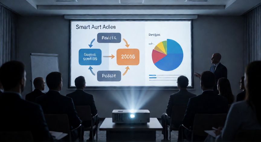 como trabajar en powerpoint, Presentación de PowerPoint en una sala de conferencias con audiencia