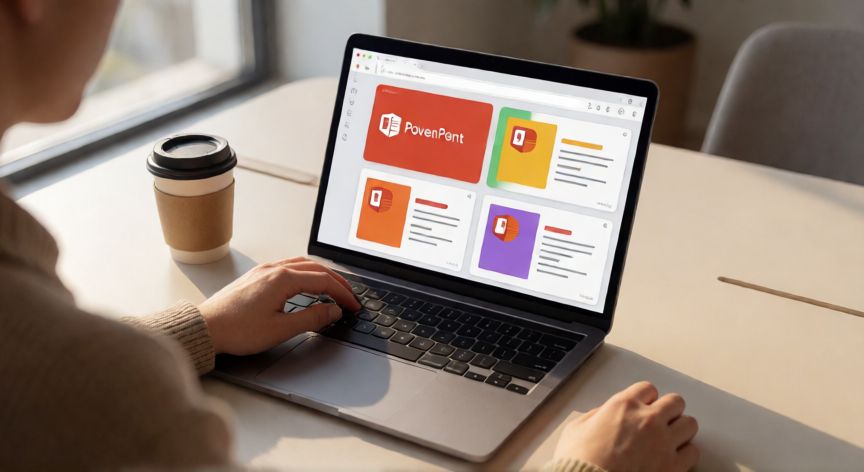 como trabajar en powerpoint online, Persona trabajando en PowerPoint Online desde el navegador en un portátil
