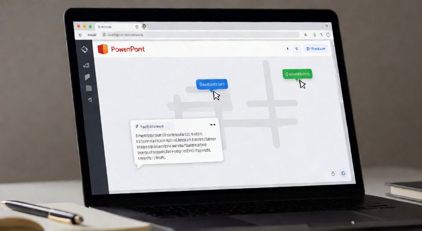 como trabajar en powerpoint online, Vista de colaboración en tiempo real en PowerPoint Online con dos cursores editando