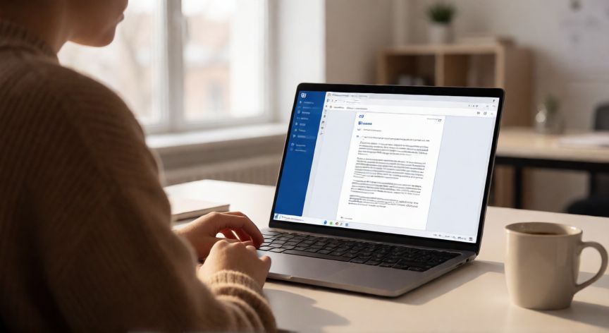 como trabajar en word online, Persona trabajando en Word Online desde un portátil en una oficina