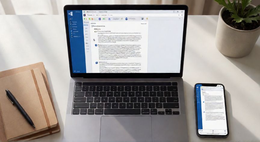 como trabajar en word online, Vista cenital de colaboración en tiempo real en Word Online con dos dispositivos