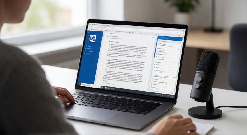 como transcribir en word un audio, Persona usando la función de transcripción de audio en Microsoft Word en un portátil