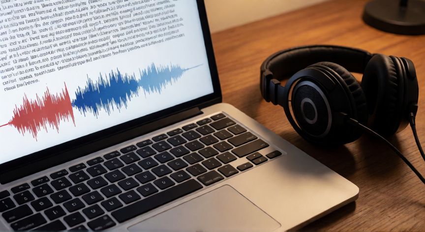 como transcribir en word un audio, Proceso de conversión de audio a texto visible en la pantalla de un portátil con auriculares al lado