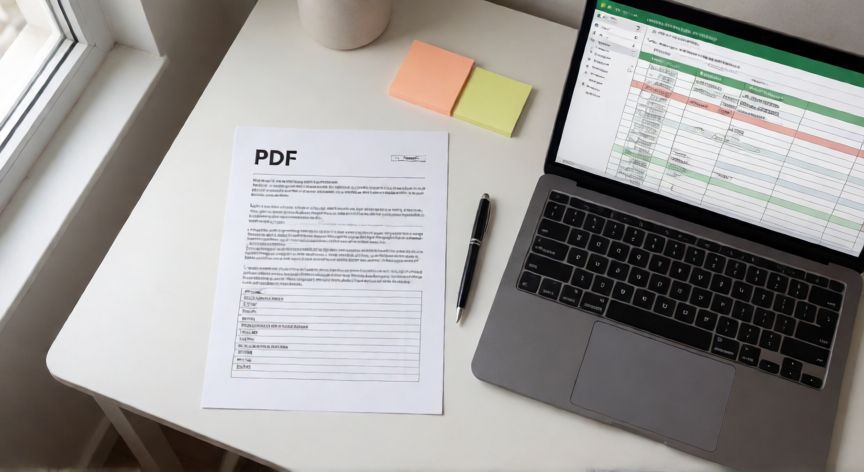 como transformar excel em pdf, Mesa de trabalho com planilha Excel no laptop e documento PDF impresso ao lado