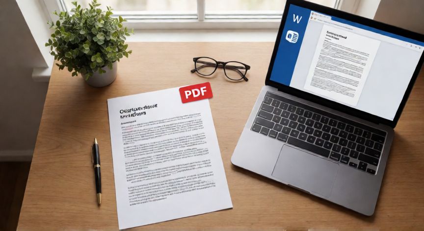 como transformar word em pdf, Comparação visual entre documento Word e PDF em mesa de trabalho