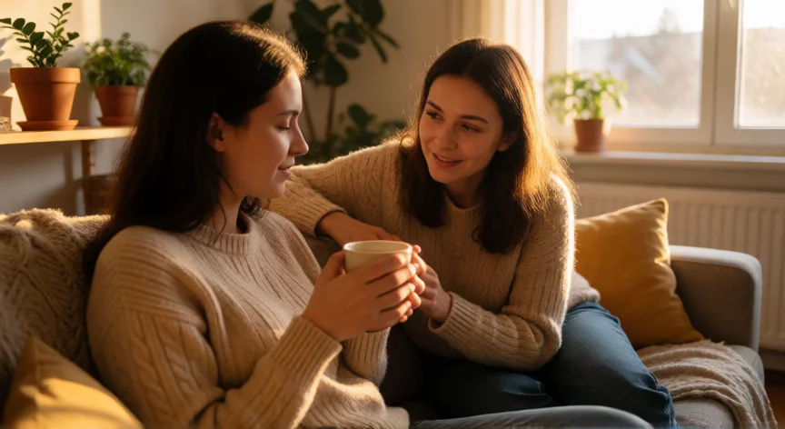 como tratar a mi mejor amiga, Dos amigas charlando de forma atenta en un sofá con luz natural de tarde