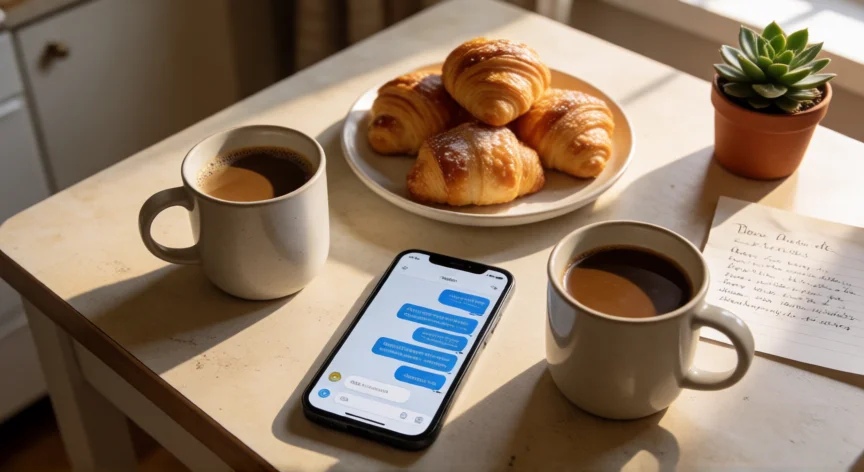 como tratar a mi mejor amiga, Mesa con café y un mensaje de texto compartiendo un momento entre amigas