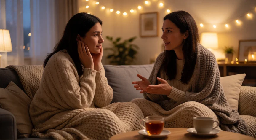 como tratar a tu mejor amiga, Amigas charlando en un sofá acogedor en un ambiente cálido e íntimo