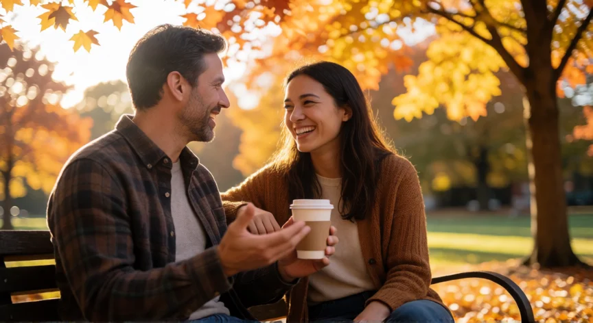 como tratar a tu mejor amiga si eres hombre, Hombre y mujer riendo juntos en un banco de parque compartiendo café