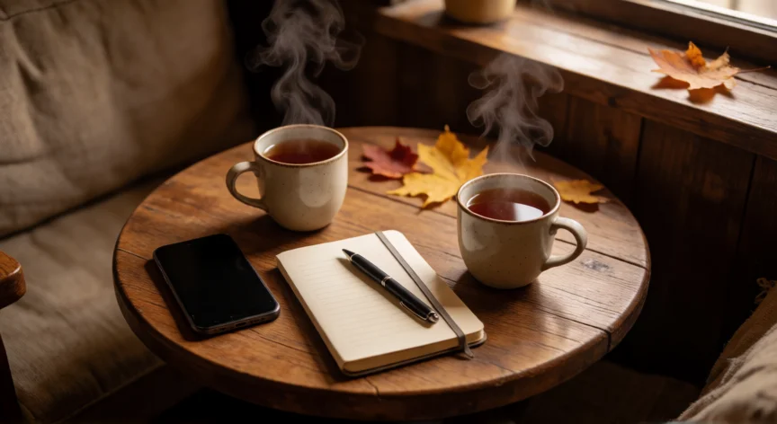 como tratar a tu mejor amiga si eres hombre, Mesa de cafetería con dos tazas de té y una libreta, ambiente cálido