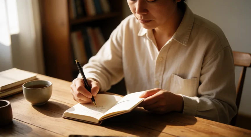 Persona reflexiva escribiendo en un diario personal durante la mañana