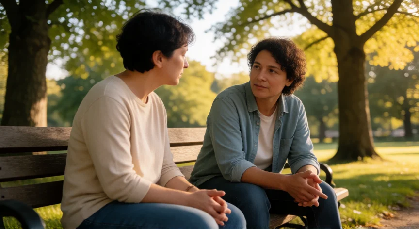 como tratar de ser mejor persona, Dos personas conversando con empatía y atención plena en un banco de parque